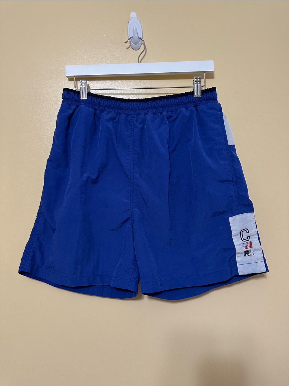 Chaps Ralph Lauren VTG Swim Shorts Men Large Blue Graphic Spell out USA Flag